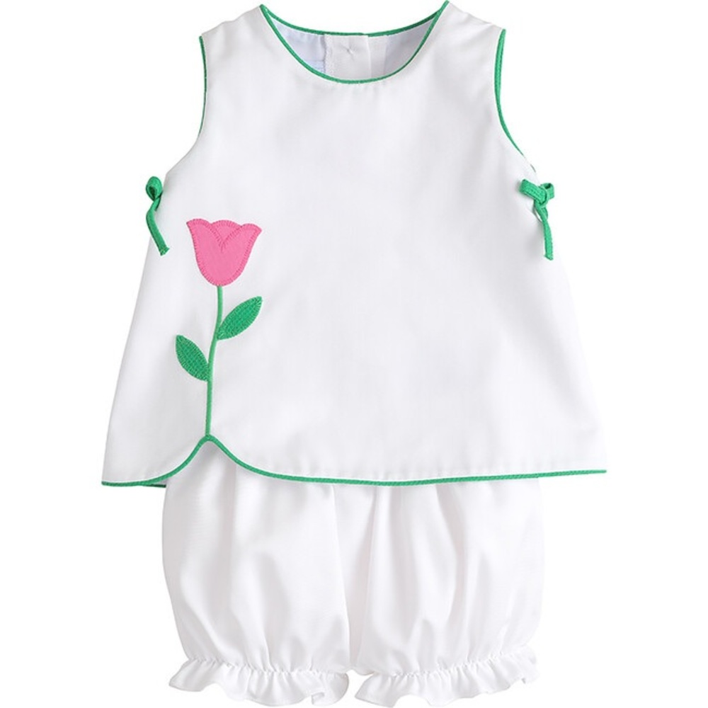 Little English White Two-Piece Set with Pink Tulip and Green Trim